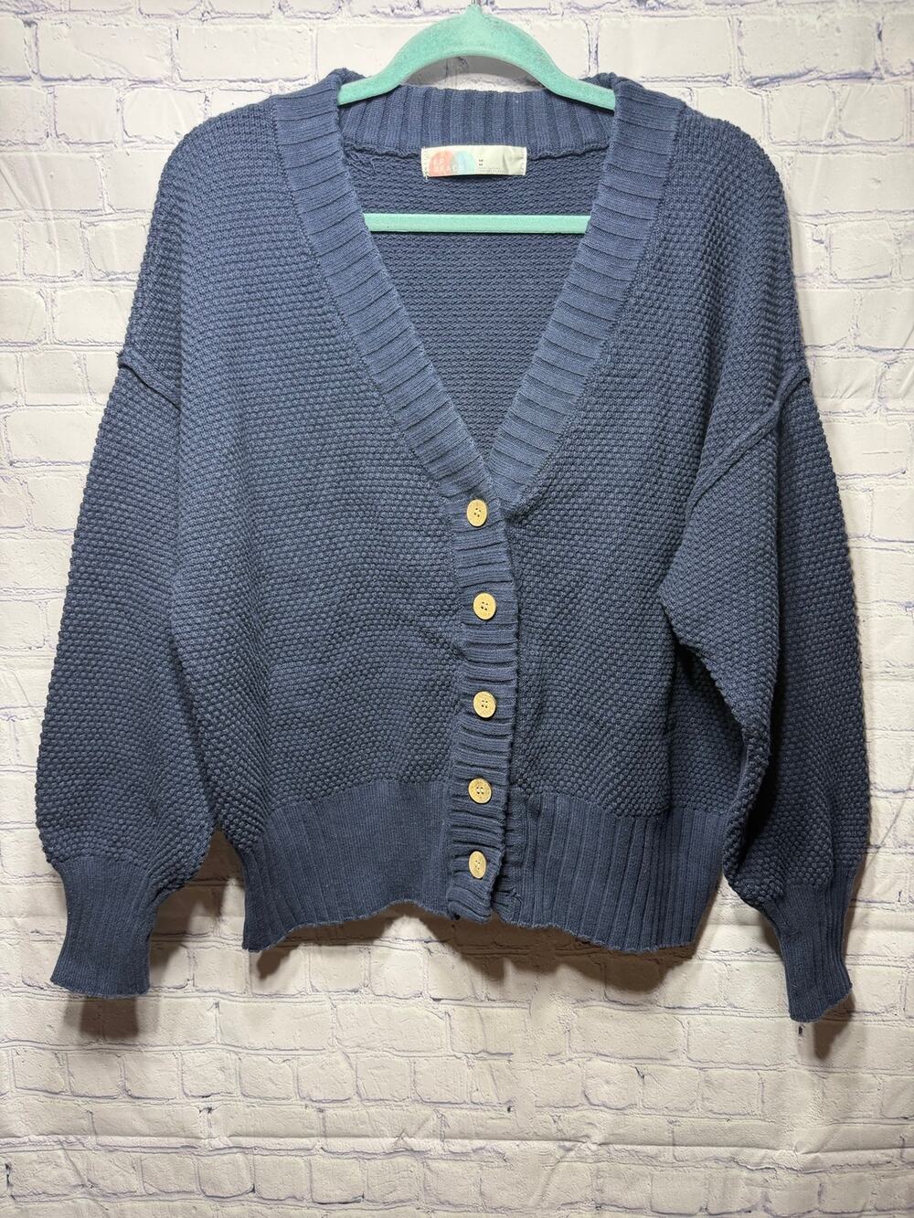 Free People Hailee Waffle Stitch Cardigan Navy Sz M Chunky Fisherman Oversized